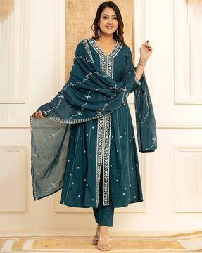 floral embroidered a-line kurta set with dupatta