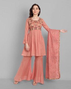 floral embroidered a-line kurta suit set