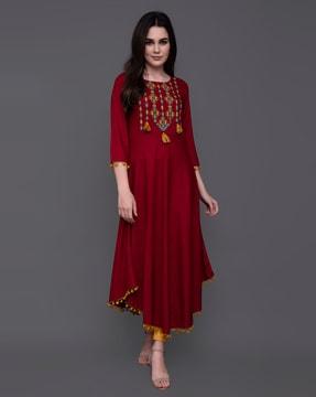 floral embroidered a-line kurta with tassels