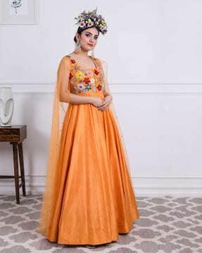 floral embroidered anarkali kurta with attached cape