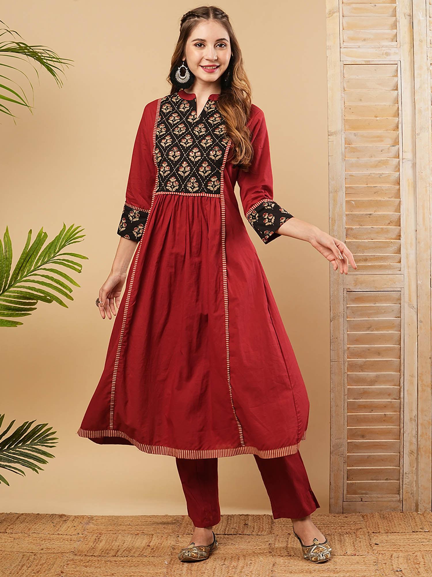 floral embroidered anarkali kurta with pant - maroon (set of 2)