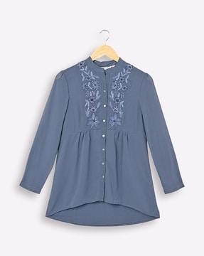 floral embroidered blouse with band collar
