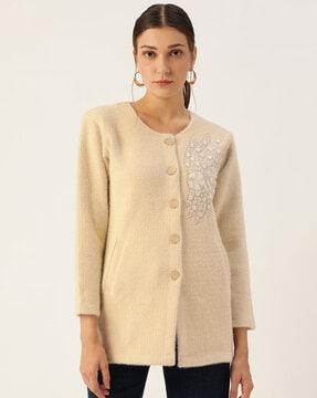 floral embroidered cardigan with welt pockets