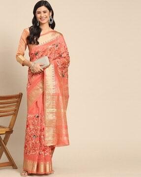 floral embroidered cotton silk saree