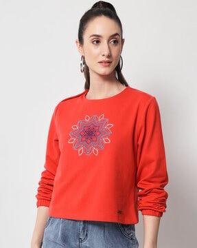 floral embroidered crew-neck top