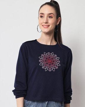 floral embroidered crew-neck top