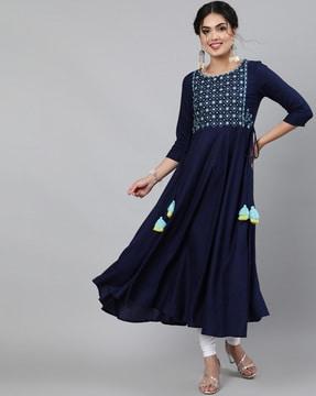 floral embroidered flared kurta with tie-up