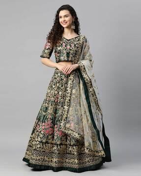 floral embroidered flared lehenga choli set with dupatta