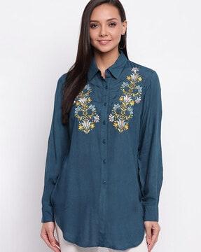 floral embroidered full sleeves shirt