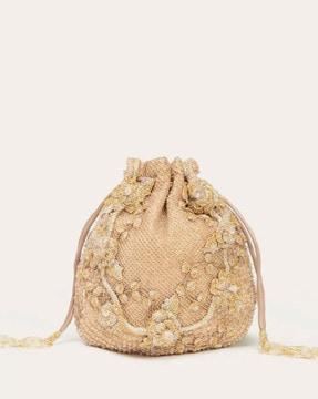 floral embroidered handbag with tassels