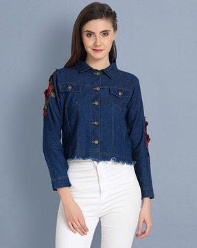 floral embroidered jacket with buttoned flap pockets