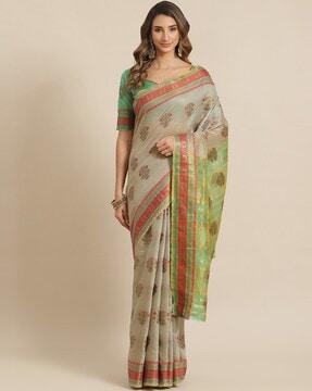floral embroidered jacquard cotton silk saree
