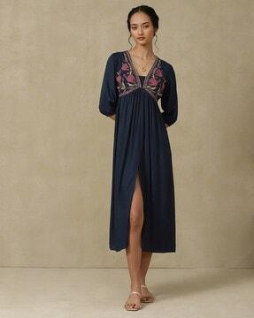 floral embroidered long a-line dress