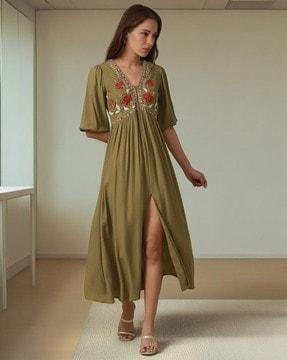 floral embroidered long a-line dress