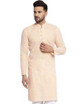 floral embroidered mandarin-collar kurta