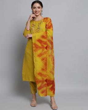 floral embroidered neckline straight kurta set