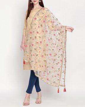 floral embroidered net dupatta with beaded border