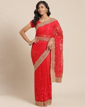 floral embroidered netted saree