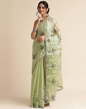 floral embroidered organza saree with patch border