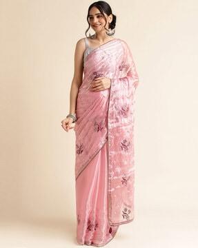 floral embroidered organza saree with patch border