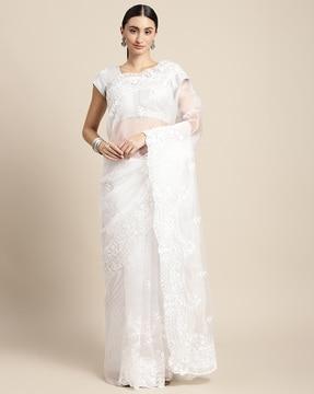 floral embroidered organza saree