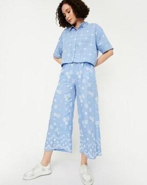 floral embroidered pleated relaxed fit pants