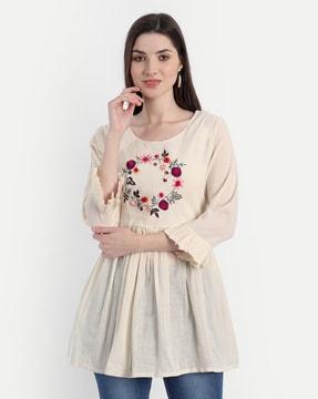 floral embroidered round-neck  tunic