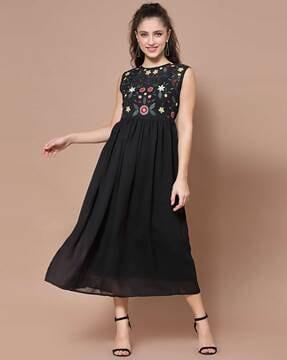 floral embroidered round-neck a-line dress