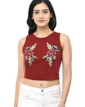 floral embroidered round-neck crop top