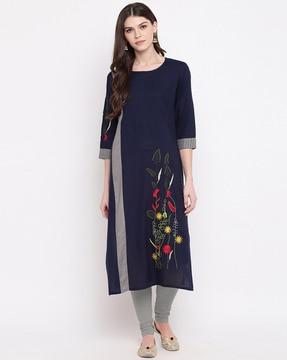 floral embroidered round-neck straight kurta