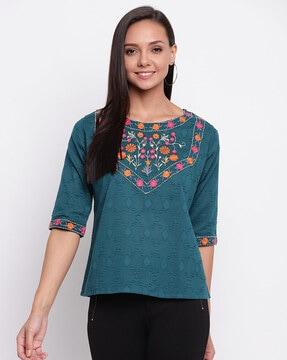 floral embroidered round neck top