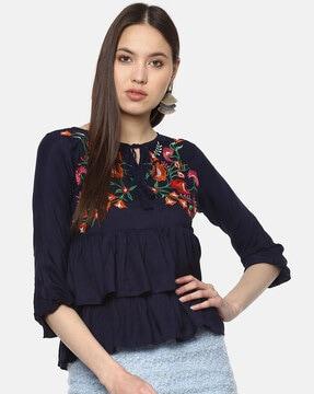 floral embroidered round-neck top