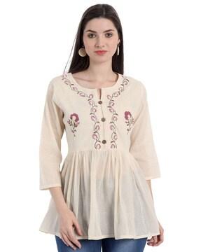 floral embroidered round-neck tunic