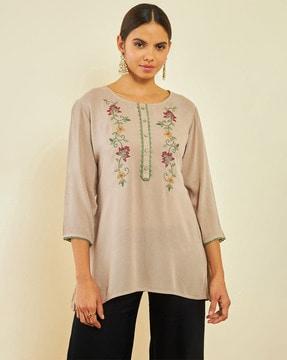 floral embroidered round-neck tunic