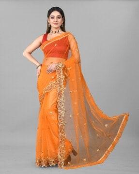 floral embroidered ruffle lace work net saree