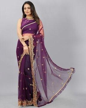 floral embroidered ruffle lace work net saree