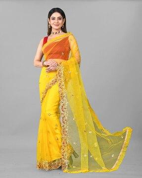 floral embroidered ruffle lace work net saree