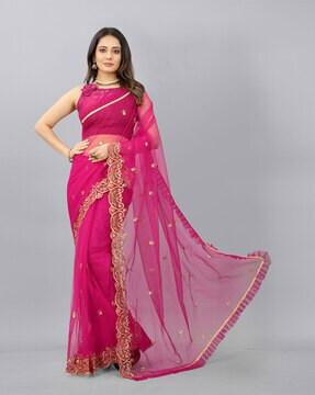 floral embroidered ruffle lace work net saree