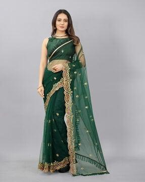floral embroidered ruffle work net saree