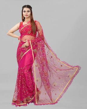 floral embroidered ruffle work net saree