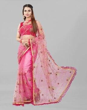 floral embroidered ruffle work net saree