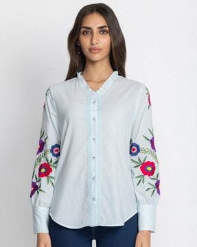 floral embroidered ruffled v-neck shirt