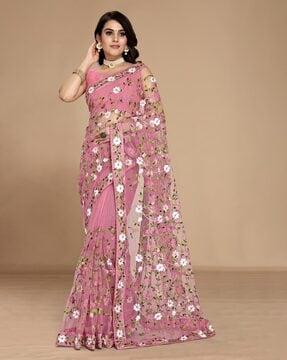 floral embroidered saree with border