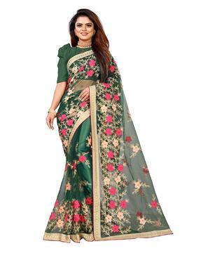 floral embroidered saree with contrast border