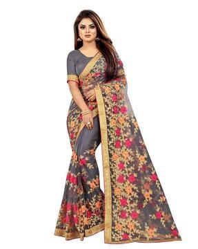 floral embroidered saree with contrast border