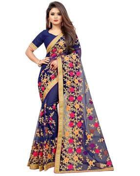 floral embroidered saree with contrast border