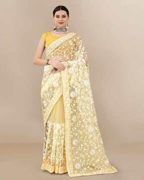 floral embroidered saree with contrast border