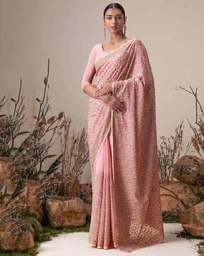 floral embroidered saree with contrast border