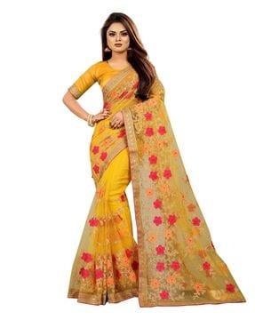 floral embroidered saree with embrossed border