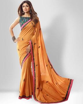 floral embroidered saree with patch border